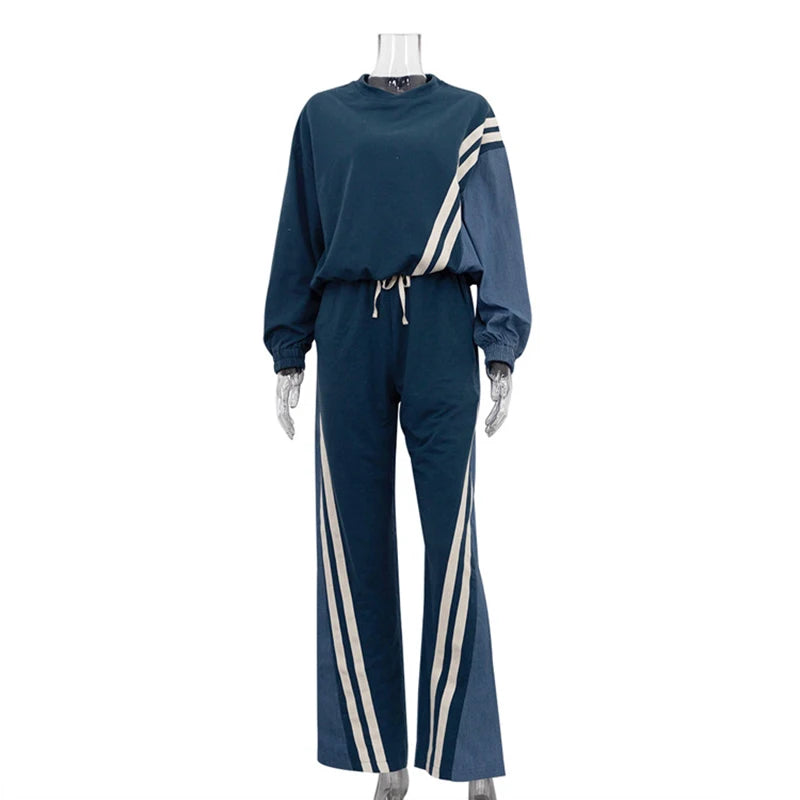 Spring Autumn Fashion Women 2 Pcs Set Round Neck Pullovers High Waist Drawstring Contrast Color Striped Pants Two-piece Set