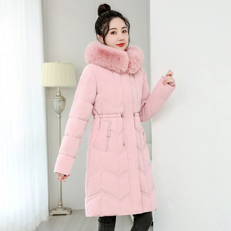 Winter Long Woman Hooded Down Jackets Parkas with Belt Long Coat Women Overcoat New Fur Collar Elegant Thick Warm Padded Jacket