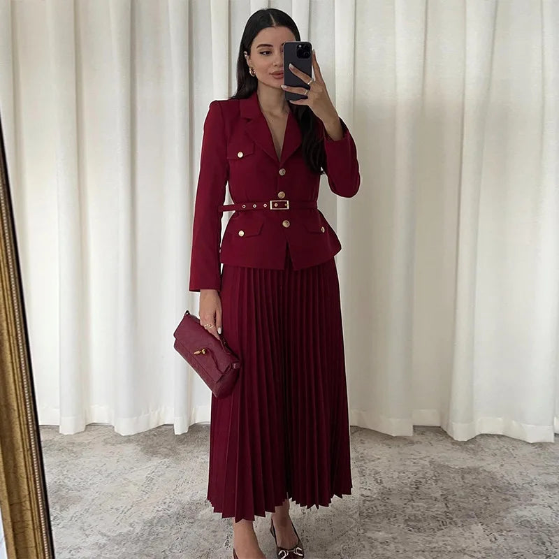 Spring Chic Two Pieces Set Women Single-breasted Lapel Casual Top Coat Belt Pleated Midi Skirt Suit Lady Autumn Fashion Outfit