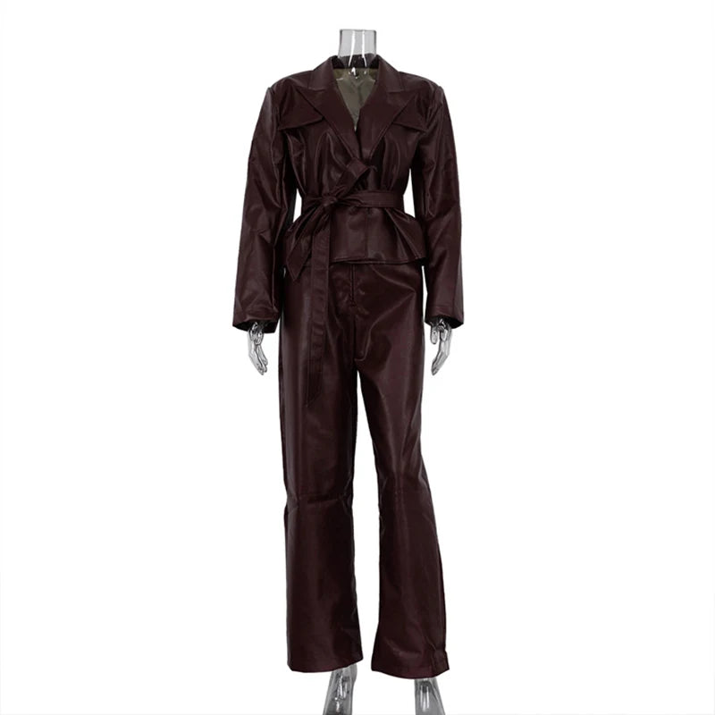 Spring Autumn Wine Red Pu Leather Women Two-piece Set Long Sleeve Match with Belt Jacket+High Waist Straight Pants Suit Outfits