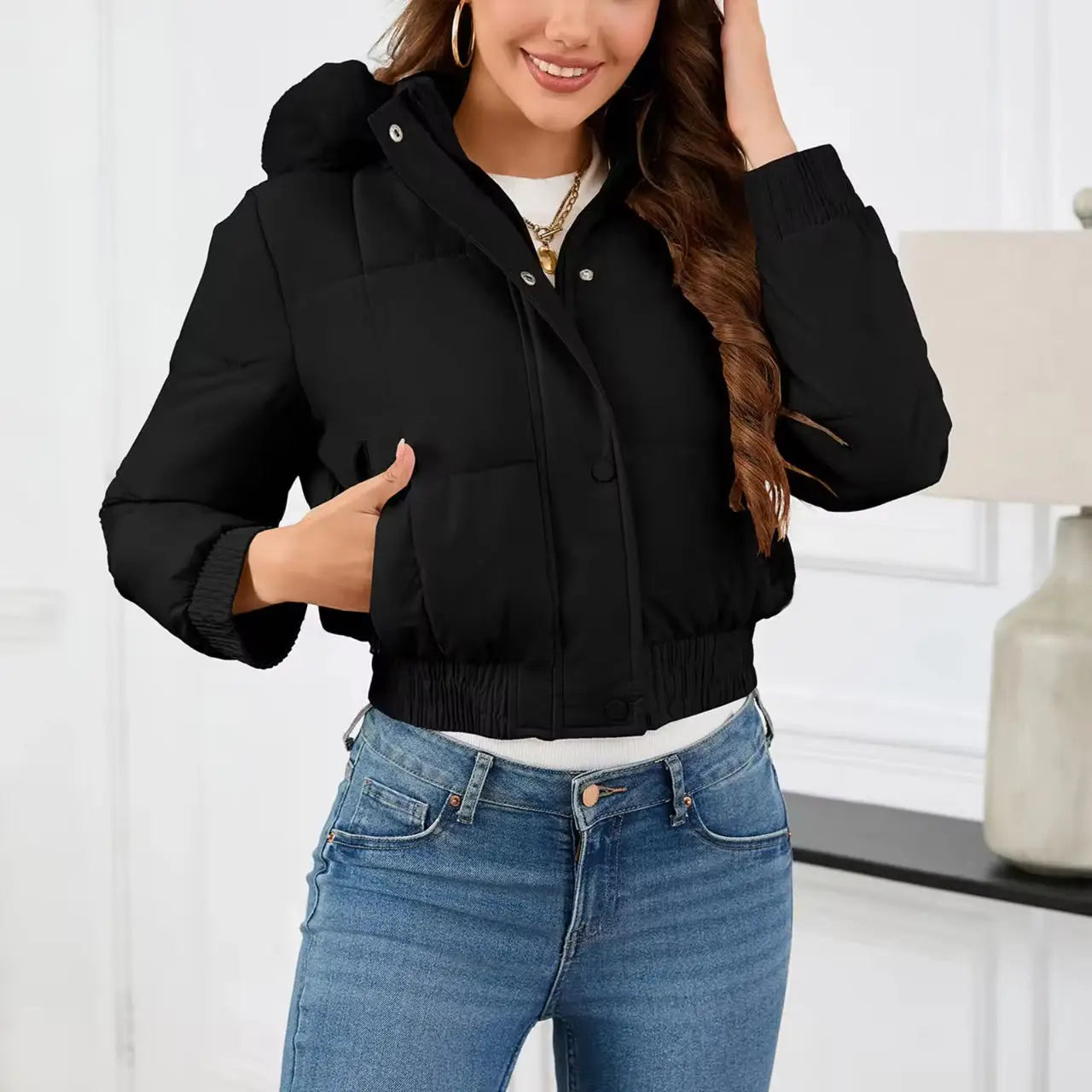 New Winter Warm Hooded Down Cotton Jacket Women Thickened Fleece Lining Big Fur Collar Long Sleeve Short Parkas Jacket Coat