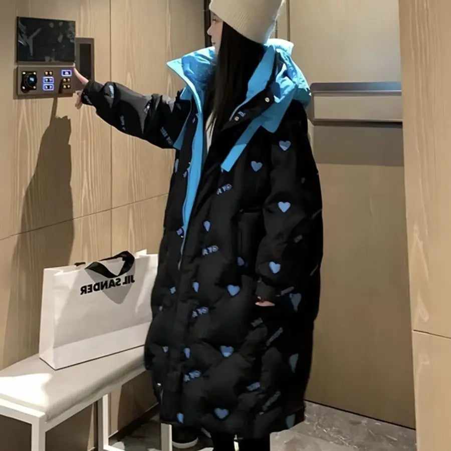 Winter Long White Duck Down Hooded Cotton Down Jackets New Thickened Warm Cotton Coat Fashion Loose Long Sleeves Parkas Jacket