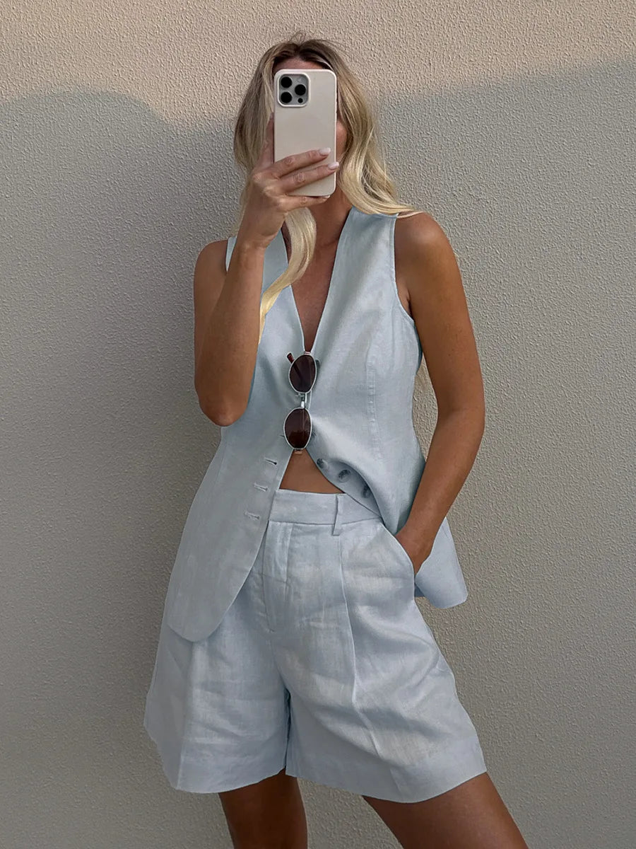 Cotton Linen Vest Shorts Outfit Spring Women Single Breasted Sleeveless Tank Top+High Waist Loose Button Shorts Two Piece Set