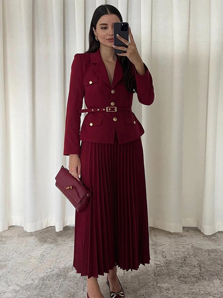 Spring Chic Two Pieces Set Women Single-breasted Lapel Casual Top Coat Belt Pleated Midi Skirt Suit Lady Autumn Fashion Outfit