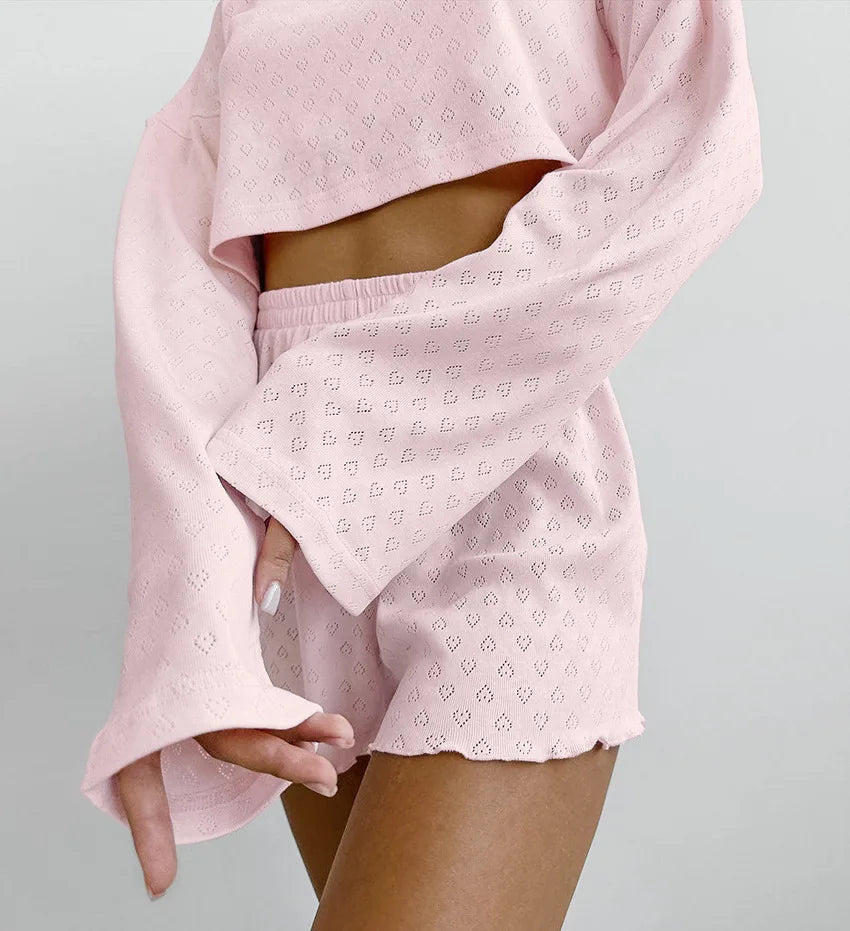 New Summer Female Sexy O-Neck Long Sleeve Crop Top Set+High Waist Loose Shorts Clothes Suit Women Casual Street Two Piece Set