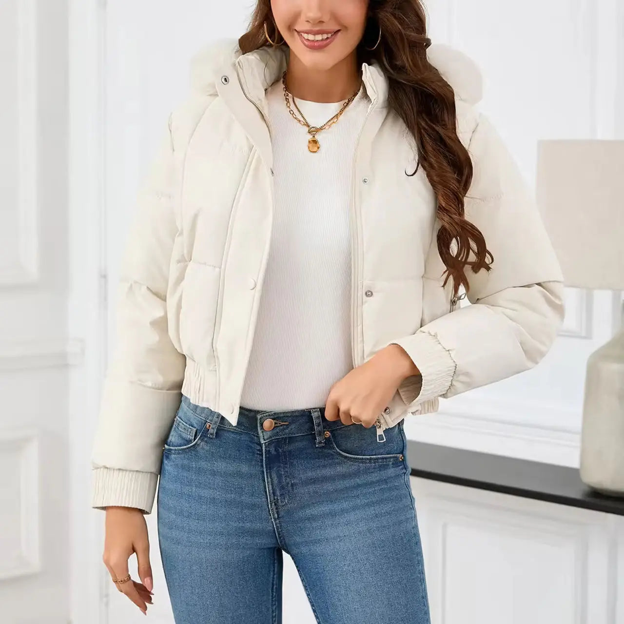 New Winter Warm Hooded Down Cotton Jacket Women Thickened Fleece Lining Big Fur Collar Long Sleeve Short Parkas Jacket Coat