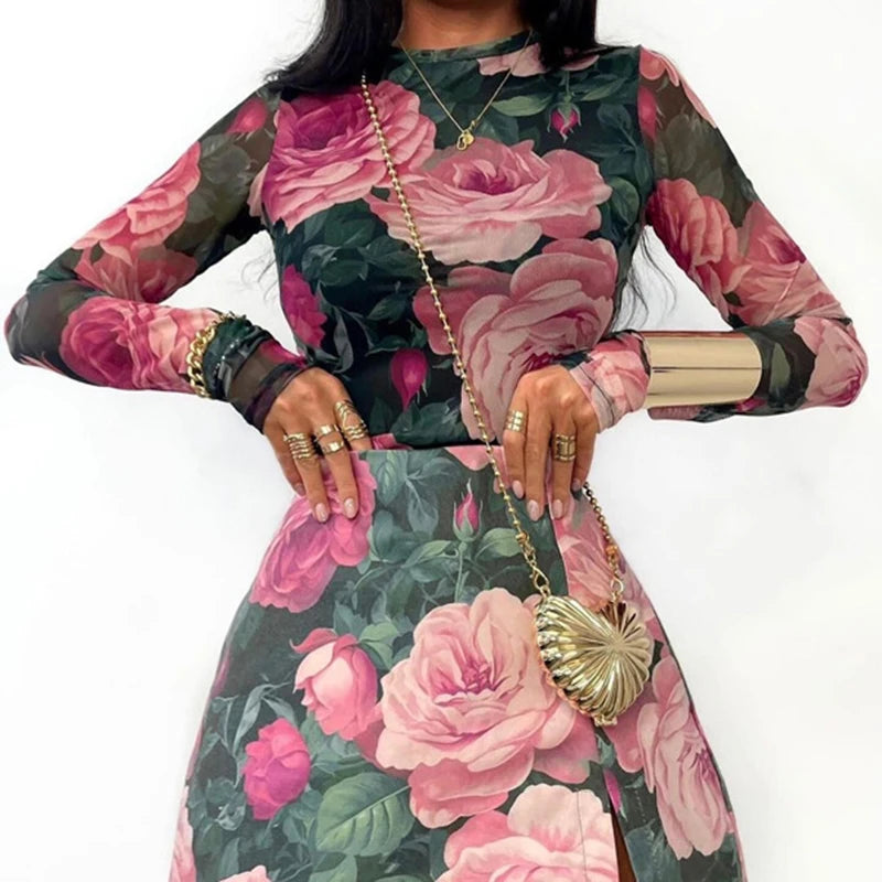 Fashion Street Printed Skirt Two Piece Set Spring Women Round Neck Long Sleeved Tight Top+mini Hip Hugging Skirt Female Outfit