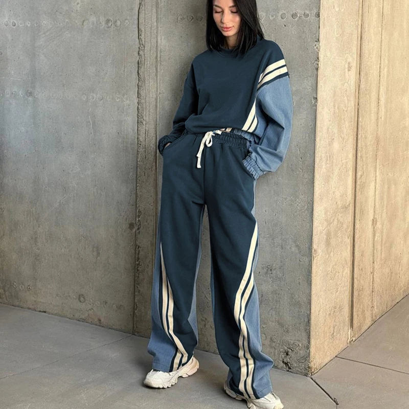 Spring Autumn Fashion Women 2 Pcs Set Round Neck Pullovers High Waist Drawstring Contrast Color Striped Pants Two-piece Set