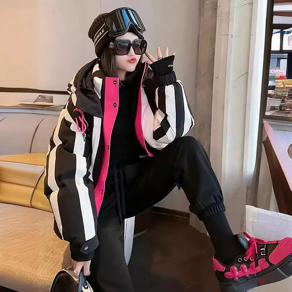 Fashion Stripe Hooded Short Down Jacket Women's White Duck Down Bread Jacket Female Winter Loose Short Parker Outerwear Coat