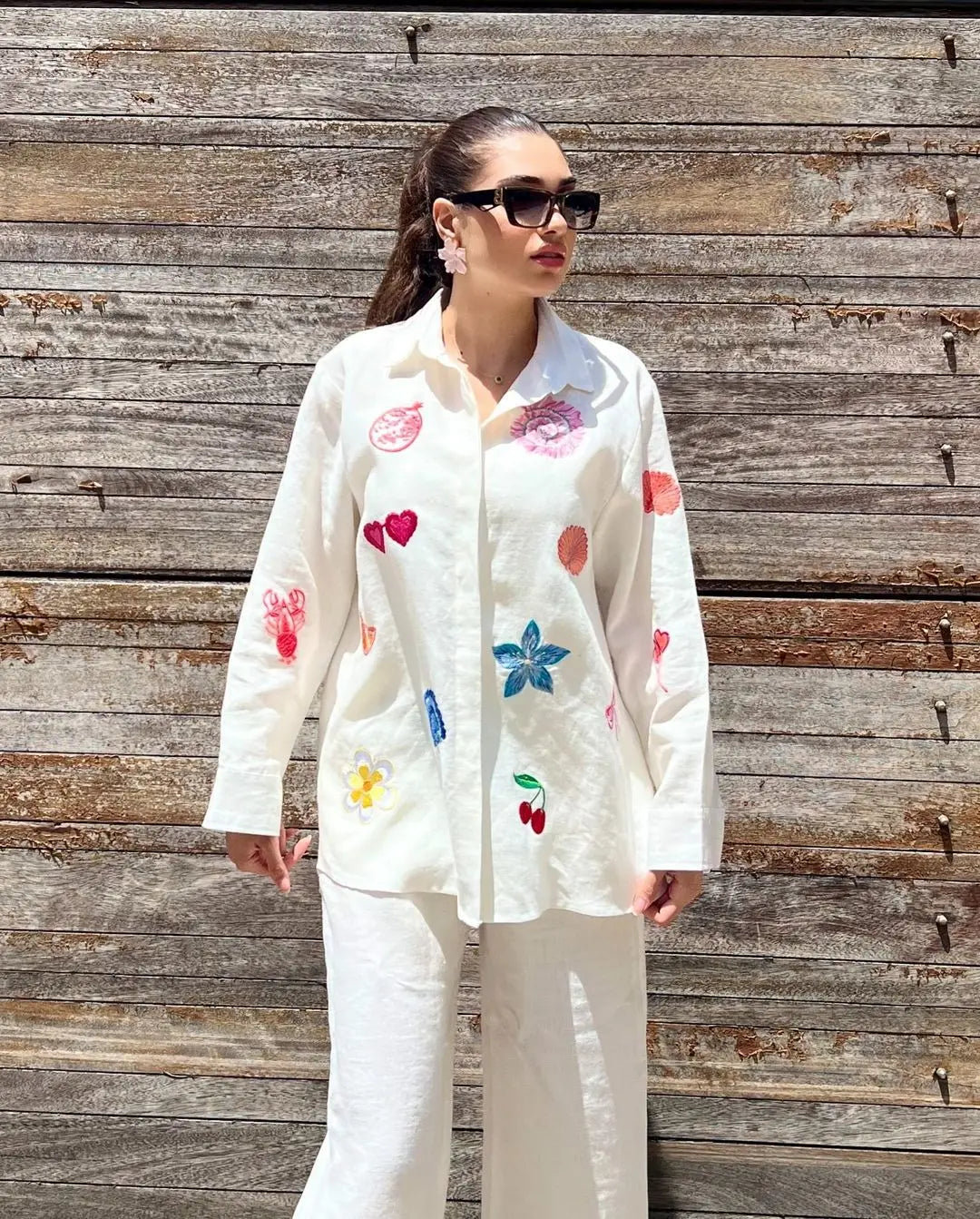 Fashion Embroidery Casual Trousers Outfit Spring Women Long Sleeved Lapel Shirt+High Waist Loose Wide Leg Pants Two Piece Set