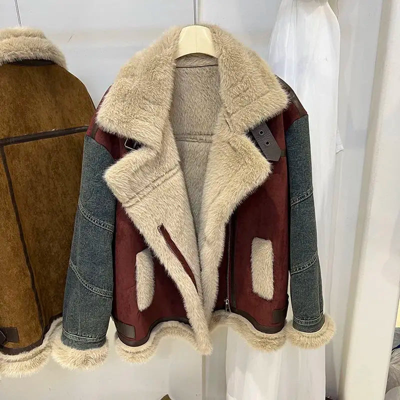 Winter Denim Splicing Big Lapel Warm Jackets Woman Single Breasted Long Sleeve Shearling Coat Lady Street Thicken Outerwear Coat