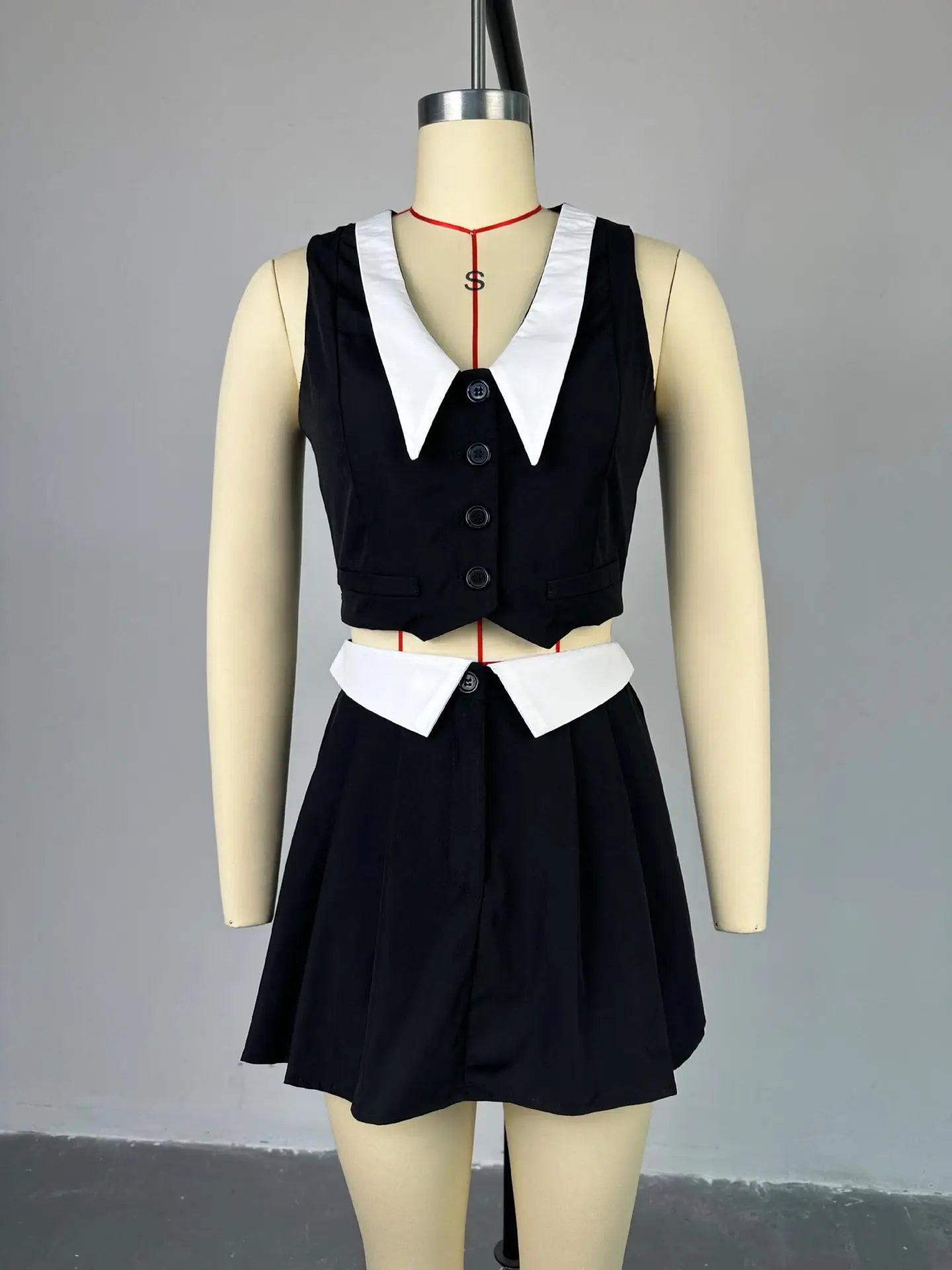 Streetwear Contrast Color Two Piece Set Outfits Elegant V-neck Sleeveless Button Vest Tops+Pleat Mini Skirt Suit Summer Slim Set