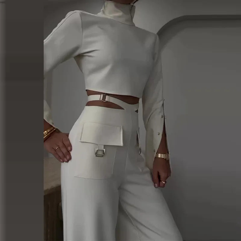 Women's Fashion Two Piece Set High Neck Navel Exposed Sweet Spicy Long Sleeve Top Loose Wide Leg Pants Set Female Trousers Sets