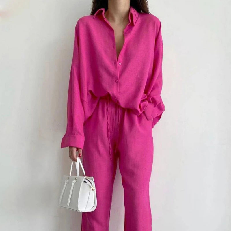 2 Piece Sets Outfit Vintage Clothes Long Sleeve New Long Pant Sets Two Piece Set For Women Summer Pocket Loose Shirt Casual Suit