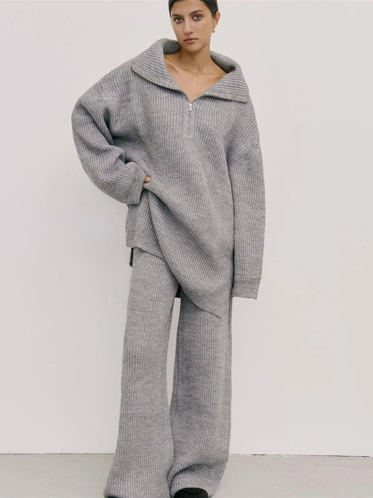 Autumn Winter Women Two Piece Set Turtleneck Half Zipper Knit Sweater+High Waist Straight Wide Leg Pants Female Knitted Set