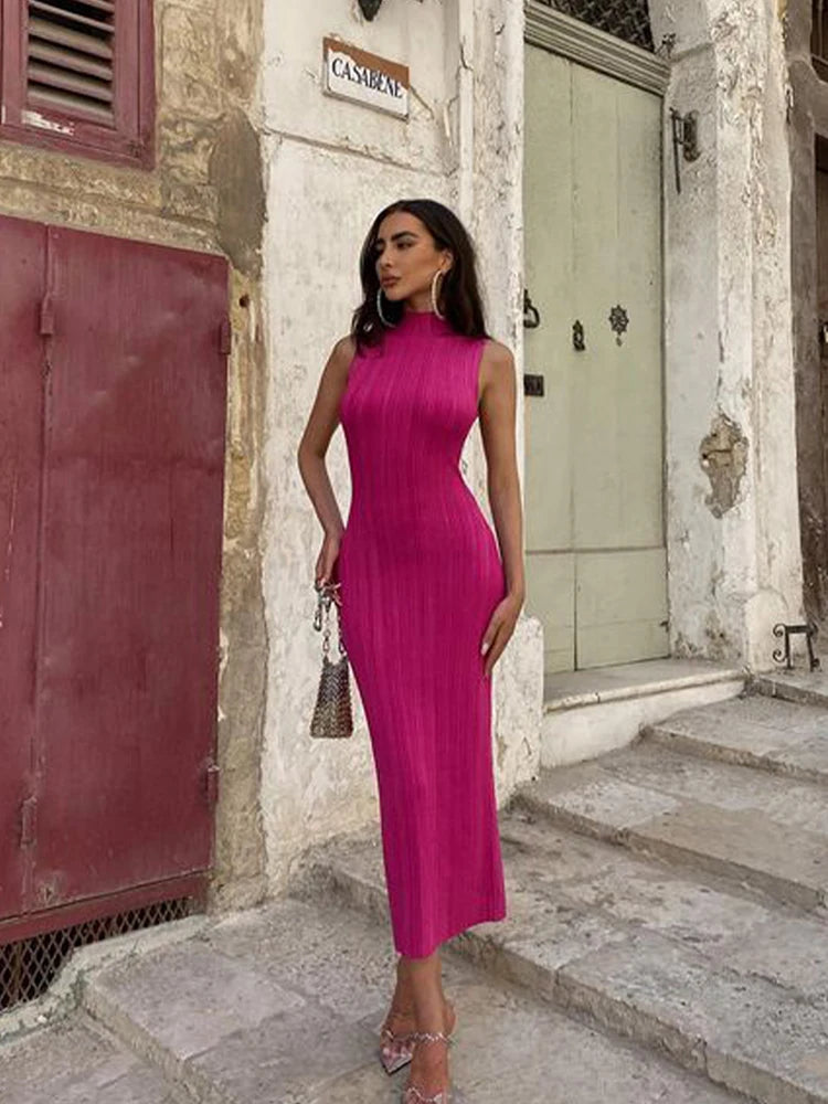 2024 Spring Summer Knitted Long Dress Women Elegant Turtleneck Sleeveless Basic Bodycon Solid Maxi Dresses Female Vestidos