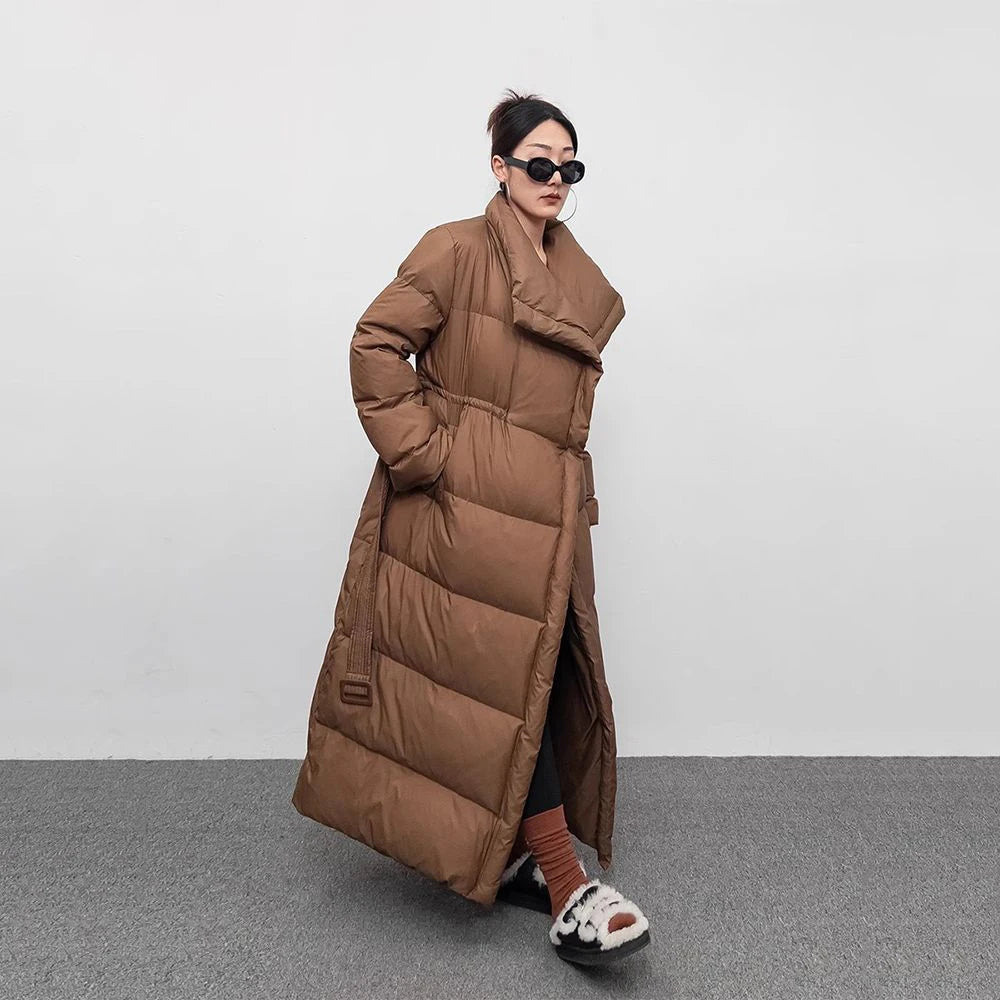 Winter Large Lapel Long Down Jacket Overcoat Women 90 White Duck Down Loose Knee Length Bread Cotton Quilt Jacket Warm Down Coat