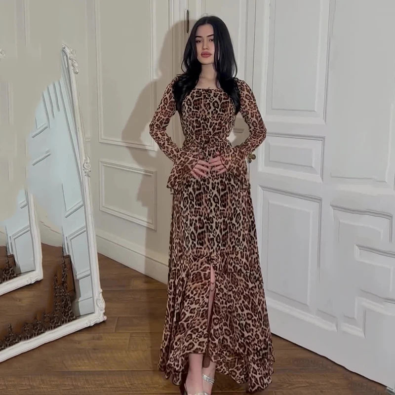 New Ladies Leopard Maxi Dress For Women Bandage High Waist Slim Contrast Patchwork Elegant Dress Chiffon Ruffled Long Dresses