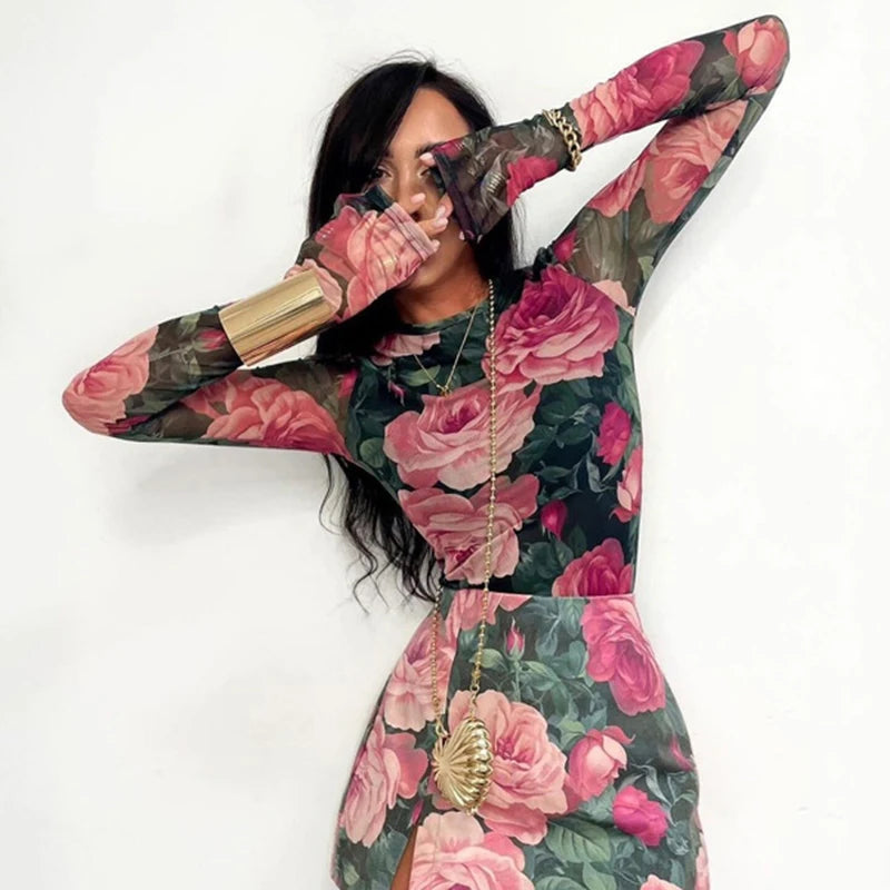 Fashion Street Printed Skirt Two Piece Set Spring Women Round Neck Long Sleeved Tight Top+mini Hip Hugging Skirt Female Outfit