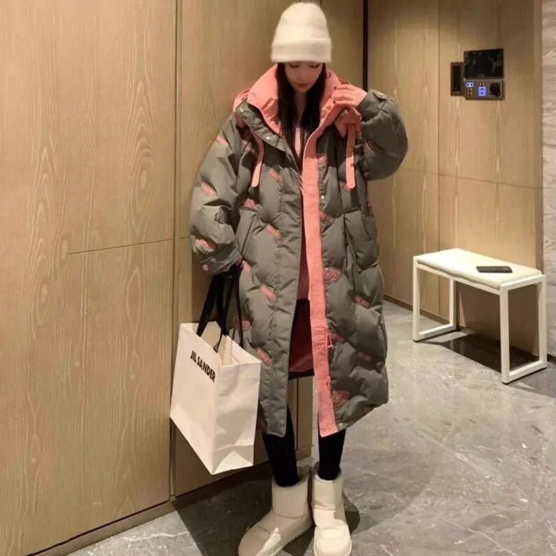 Winter Long White Duck Down Hooded Cotton Down Jackets New Thickened Warm Cotton Coat Fashion Loose Long Sleeves Parkas Jacket