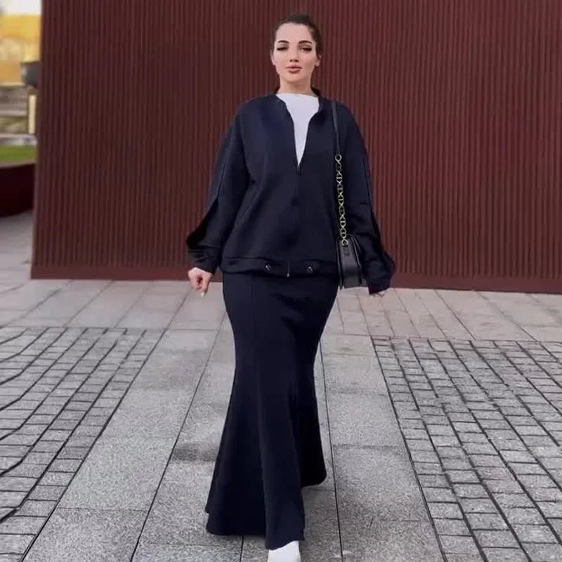 Spring Autumn Casual Two-Piece Set Women Jacket Slim Fit Fish Tail Wrapped Skirt Minimalist Retro Elegant High Waist Skirt Suit