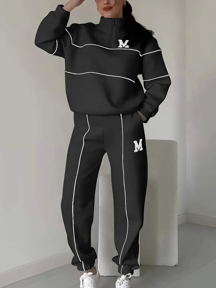 Women Clothing Pants Set Autumn Winter Women Casual Set Long Sleeved Zipper Cardigan Sweater Lace Up Striped Pants 2 Piece Sets