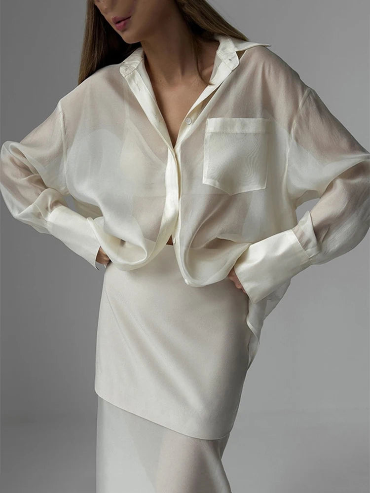 Women Spring Autumn Clothing Mercerized Mesh Lapel Long-sleeved Shirt+High Waist Splicing Bust Skirt Suit Female Two-piece Set