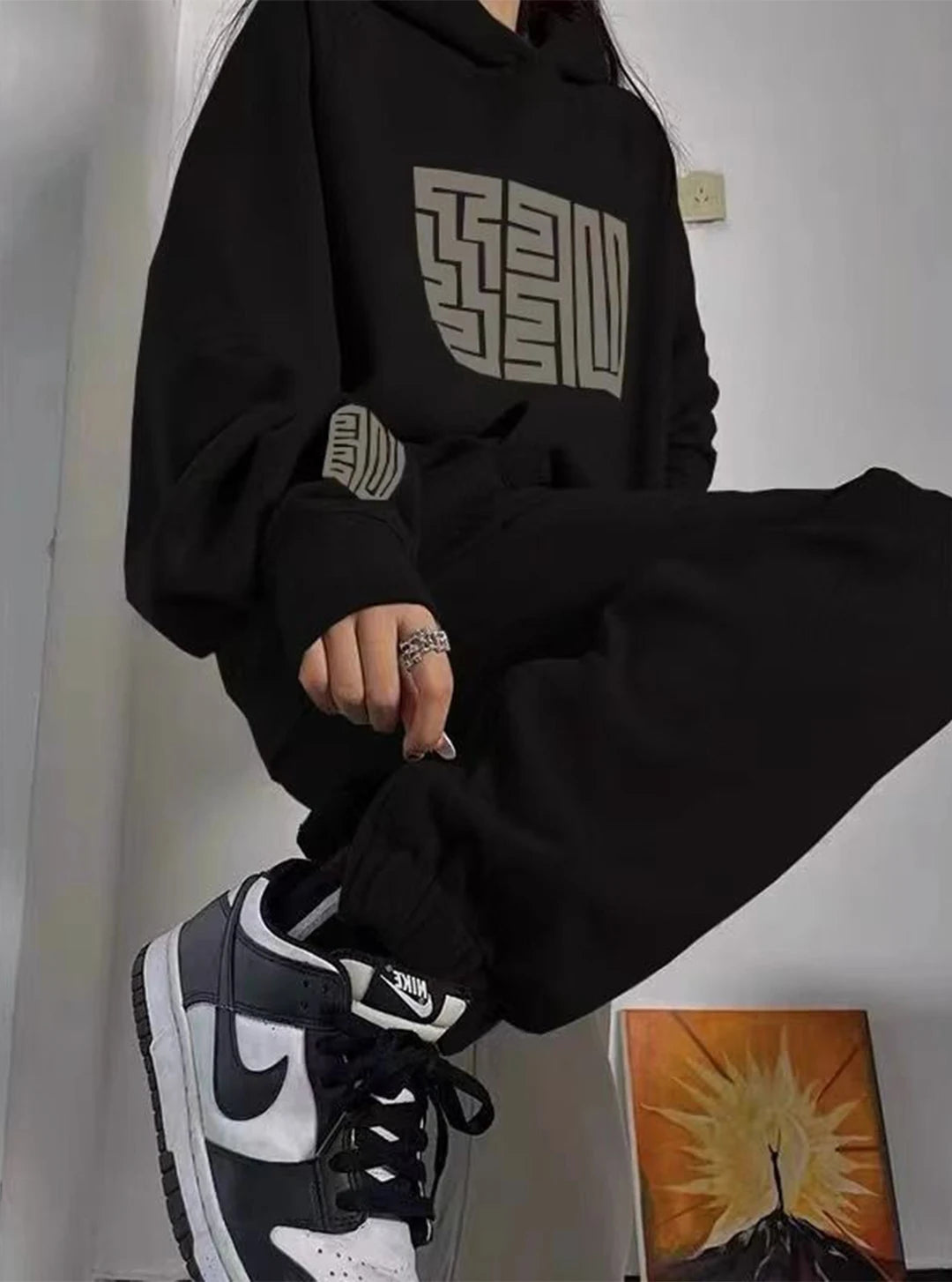 Spring Autumn Hooded Long Sleeved Sweatshirts+High Waist Drawstring Wide Leg Pants Autumn Female Streetwear Jogger Two Piece Set