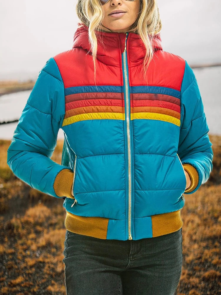 Spring Women Hooded Parkas Quilted Jacket Contrasting Pocket Back Velvet Female Trendy Winter Thick Warm Cotton Jacket Coat Lady