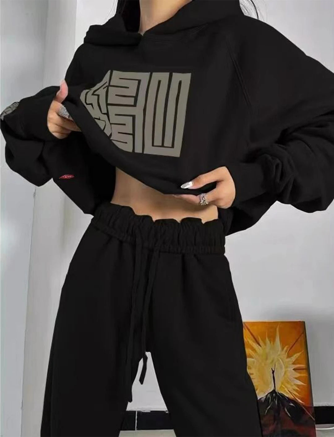 Spring Autumn Hooded Long Sleeved Sweatshirts+High Waist Drawstring Wide Leg Pants Autumn Female Streetwear Jogger Two Piece Set