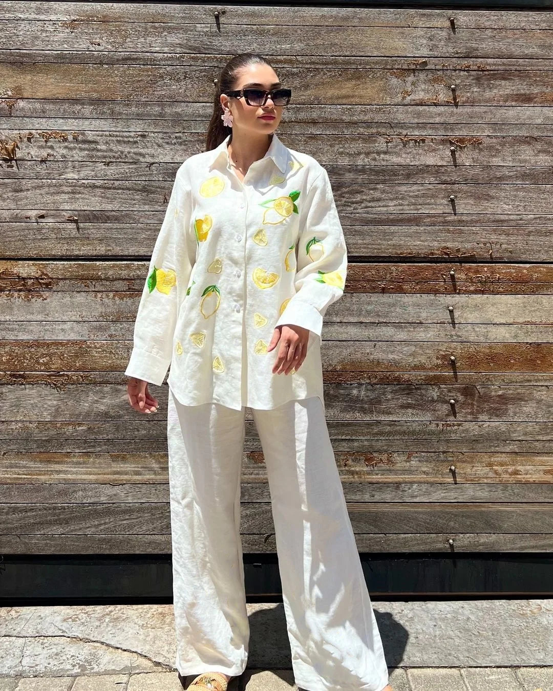 Fashion Embroidery Casual Trousers Outfit Spring Women Long Sleeved Lapel Shirt+High Waist Loose Wide Leg Pants Two Piece Set