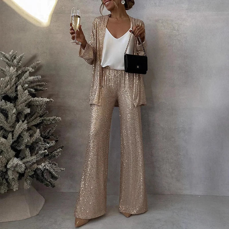 Spring Sequin Fashion Two-piece Set Women Straight Legg Slim Patchwork Outwear Top+High Waist Straight Pants Sets Female Outfits