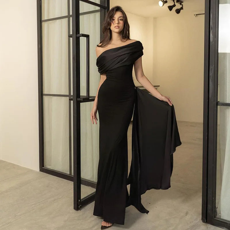 New Party Evening Dresses Elegant Black Slash Neck Maxi Dress For Women Fashion Short Sleeve Bodycon Banquet Vestidos Female