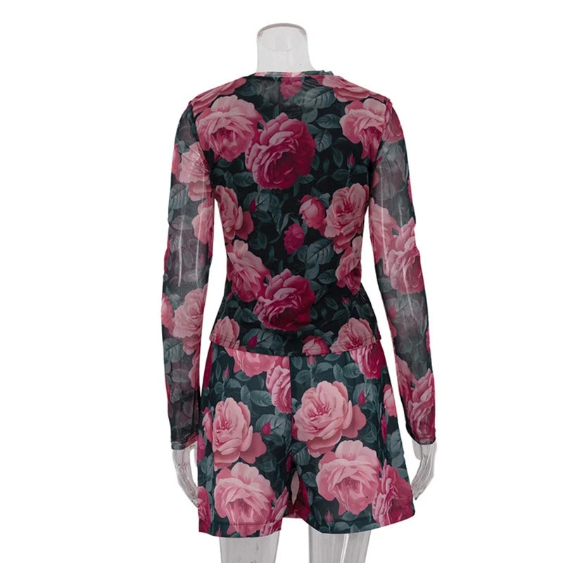 Fashion Street Printed Skirt Two Piece Set Spring Women Round Neck Long Sleeved Tight Top+mini Hip Hugging Skirt Female Outfit