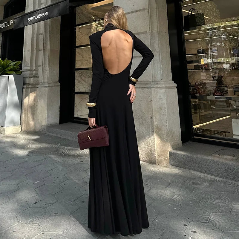 Spring Autumn Elegant High Collar Evening Dresses Women Black Long Sleeves Backless Dress Fashion Bodycon Banquet Vestidos Dress