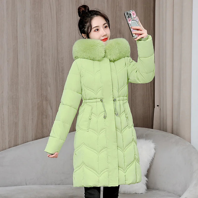 Winter Long Woman Hooded Down Jackets Parkas with Belt Long Coat Women Overcoat New Fur Collar Elegant Thick Warm Padded Jacket