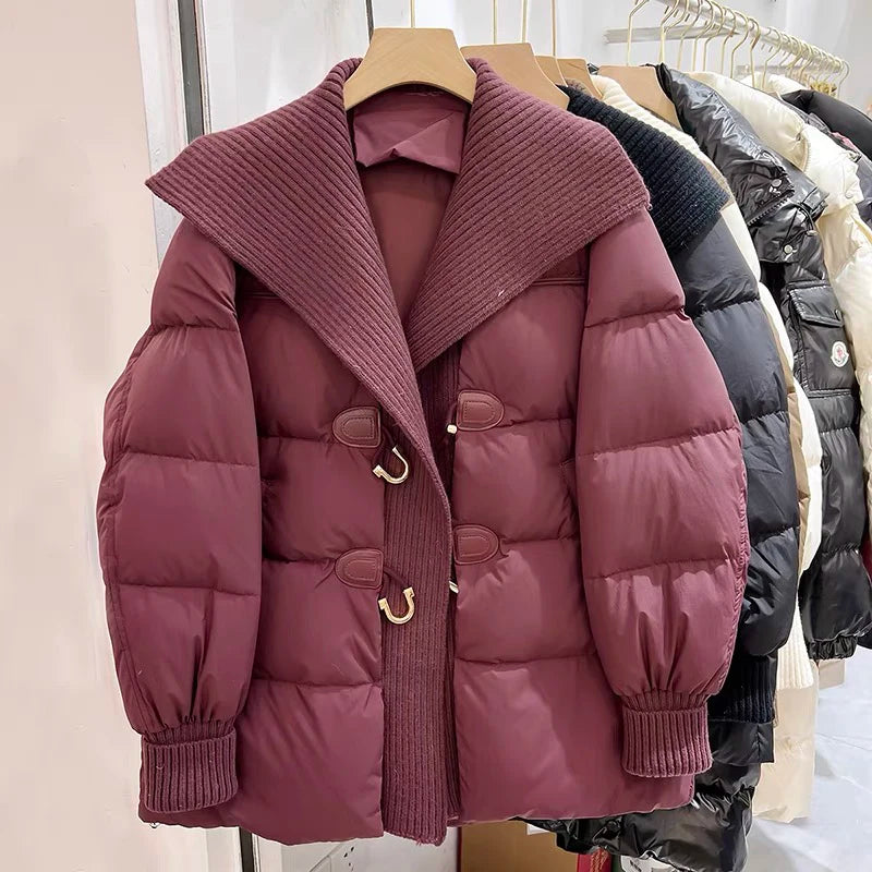 Winter Thick Mid Long Cow Horn Buckle Jacket Women Fashion White Duck Down Parka Outwear Female Large Lapel Loose Down Jacket