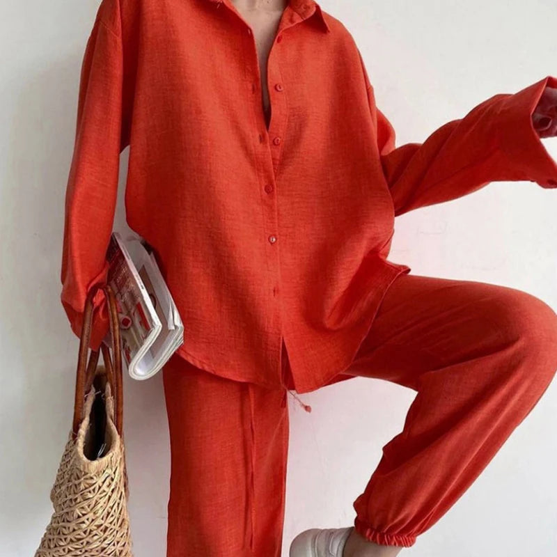 2 Piece Sets Outfit Vintage Clothes Long Sleeve New Long Pant Sets Two Piece Set For Women Summer Pocket Loose Shirt Casual Suit