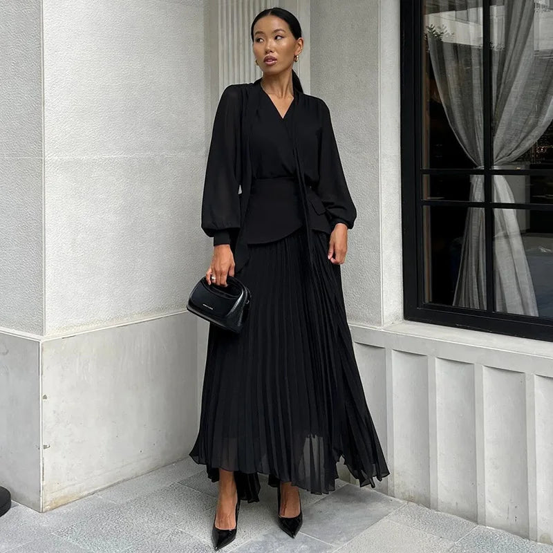 Women Dress Sets Skirt Two Piece Sets Elegant White Irregularity V Neck Full Sleeve Tops Lace Up Pleated A Line Long Skirts Suit