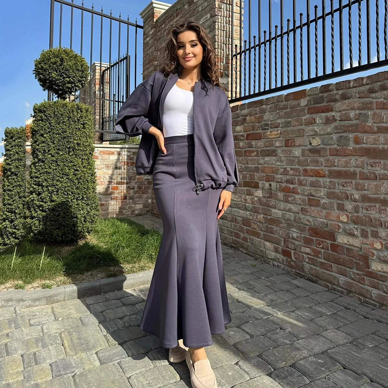 Spring Autumn Casual Two-Piece Set Women Jacket Slim Fit Fish Tail Wrapped Skirt Minimalist Retro Elegant High Waist Skirt Suit