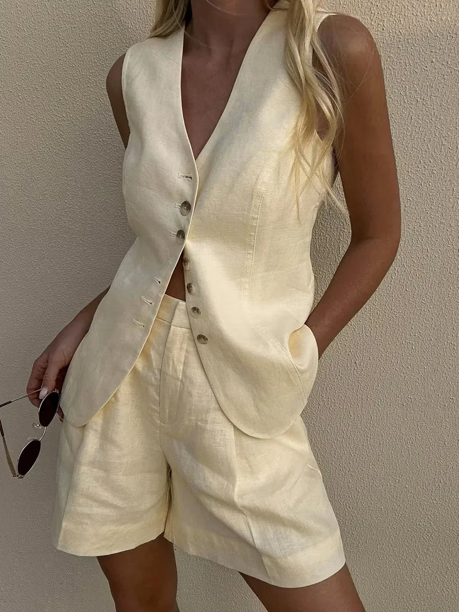 Cotton Linen Vest Shorts Outfit Spring Women Single Breasted Sleeveless Tank Top+High Waist Loose Button Shorts Two Piece Set