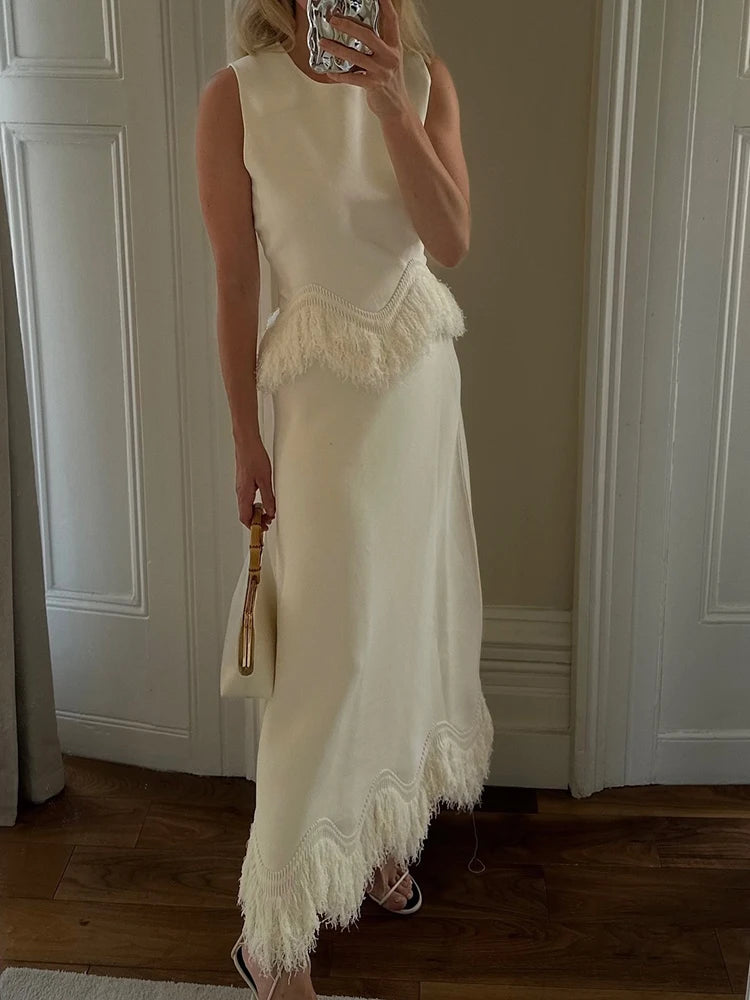 Elegant Tassel Splicing Two Piece Set Spring Women O-neck Sleeveless Top+High Waist Irregular Knee Length Skirt Female Outfit