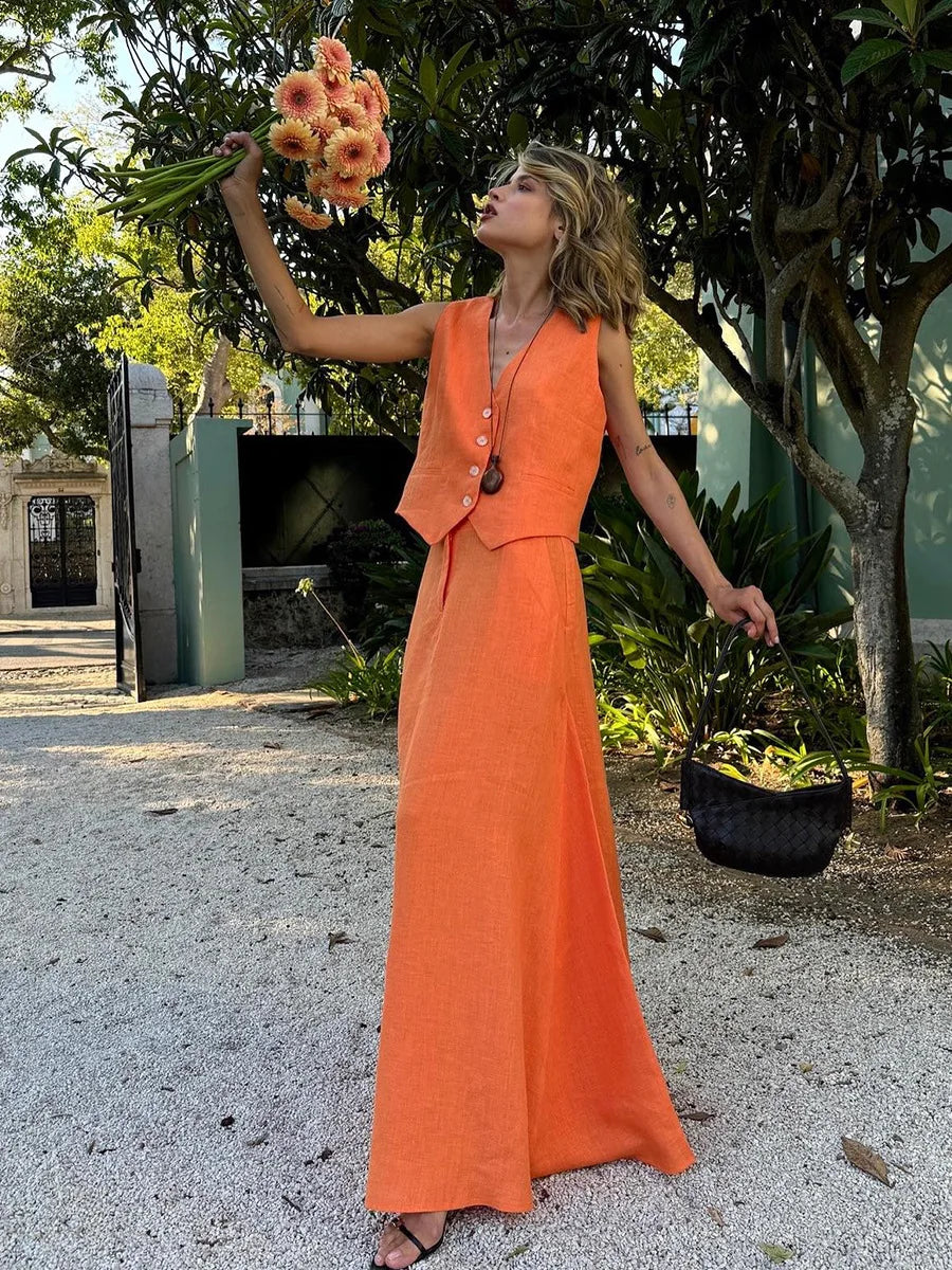 New Street Cotton Linen Vest Skirt Outfit Spring Women Sleeveless V-neck Tank Top+High Waist Loose Big Swing Skirt Two Piece Set