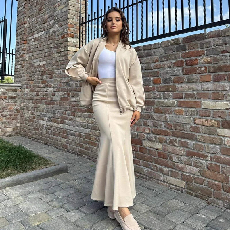 Spring Autumn Casual Two-Piece Set Women Jacket Slim Fit Fish Tail Wrapped Skirt Minimalist Retro Elegant High Waist Skirt Suit