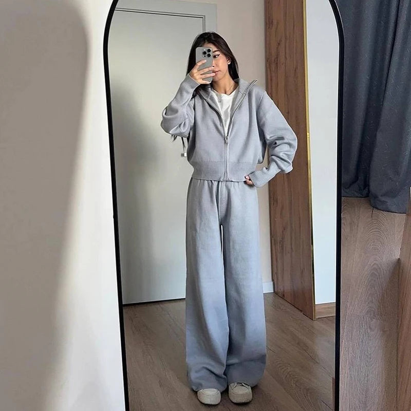 Spring Autumn Lady Solid Tracksuit Casual Knitted Cardigan Pants Sets 2 Pieces For Women Stand Collar Zipper Coat Wide Leg Pants