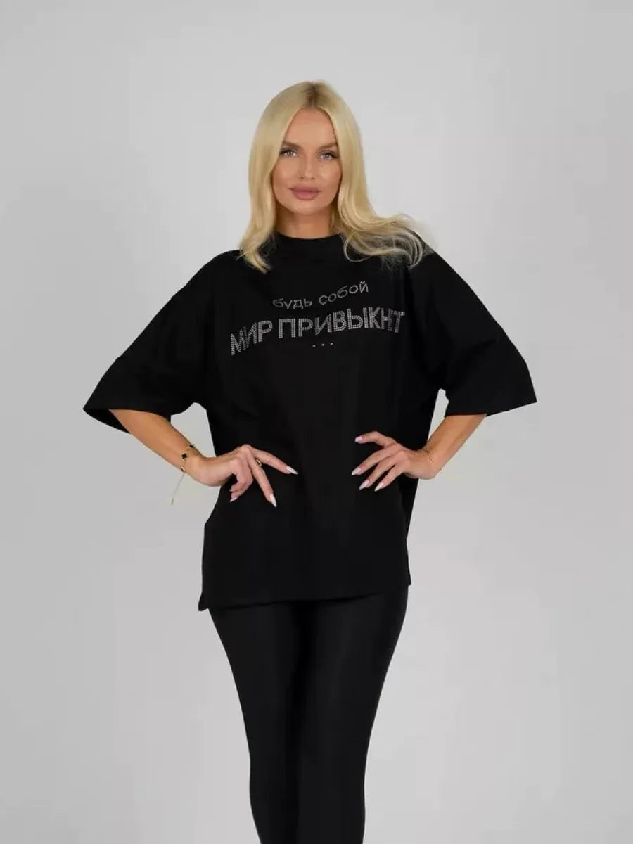 Summer O Neck Goth Loose Basic Tee Shirt Oversized Black T Shirts For Woman Luxury Rhinestone Letter Chic Casual T-shirt
