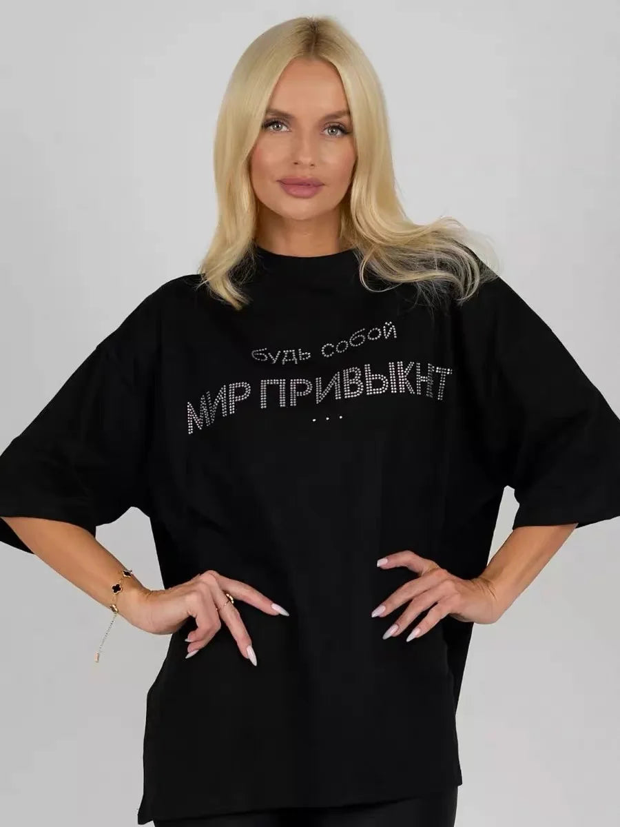 Summer O Neck Goth Loose Basic Tee Shirt Oversized Black T Shirts For Woman Luxury Rhinestone Letter Chic Casual T-shirt