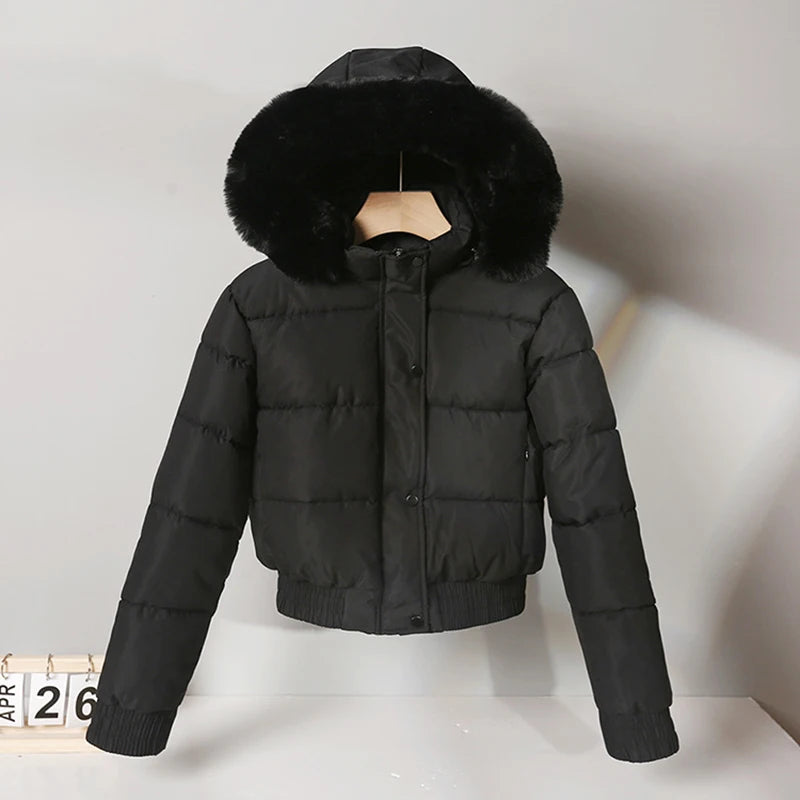 New Winter Warm Hooded Down Cotton Jacket Women Thickened Fleece Lining Big Fur Collar Long Sleeve Short Parkas Jacket Coat
