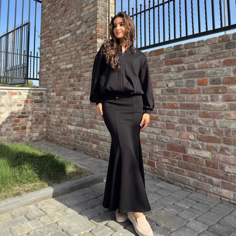 Spring Autumn Casual Two-Piece Set Women Jacket Slim Fit Fish Tail Wrapped Skirt Minimalist Retro Elegant High Waist Skirt Suit