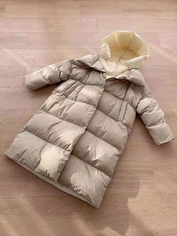 Winter New White Duck Down Hooded Fake Two Piece Down Jacket Women's Long Knee Down Jacket Winter Women's Warm Coat Pike Coat